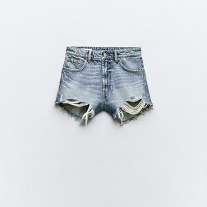 Zara TRF High Wait Ripped Curved Denim Shorts